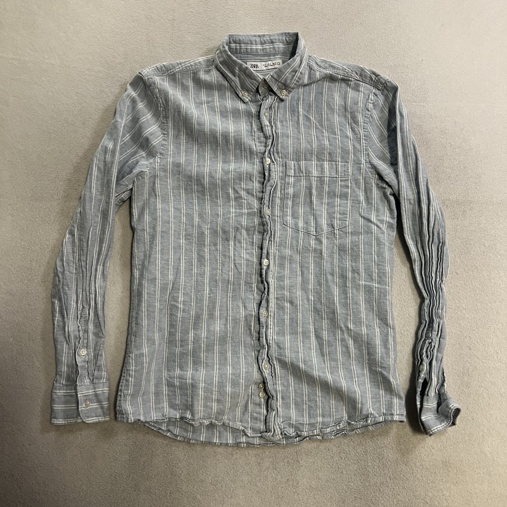 Zara Linen Blend Button Down Shirt Men's Size Small Light Blue Plaid Long Sleeve